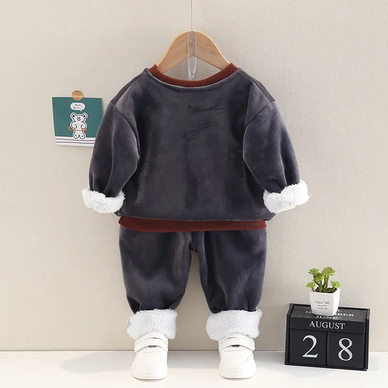 2pcs Baby Boy 95% Cotton Long-sleeve Cartoon Bear Pattern Thickened Fleece Lined Pullover and Trousers Set