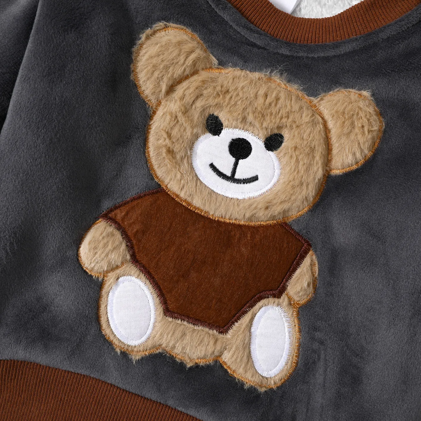 2pcs Baby Boy 95% Cotton Long-sleeve Cartoon Bear Pattern Thickened Fleece Lined Pullover and Trousers Set