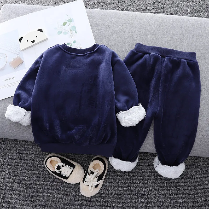 2pcs Baby Boy 95% Cotton Long-sleeve Cartoon Bear Pattern Thickened Fleece Lined Pullover and Trousers Set