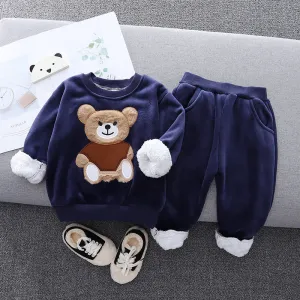 2pcs Baby Boy 95% Cotton Long-sleeve Cartoon Bear Pattern Thickened Fleece Lined Pullover and Trousers Set