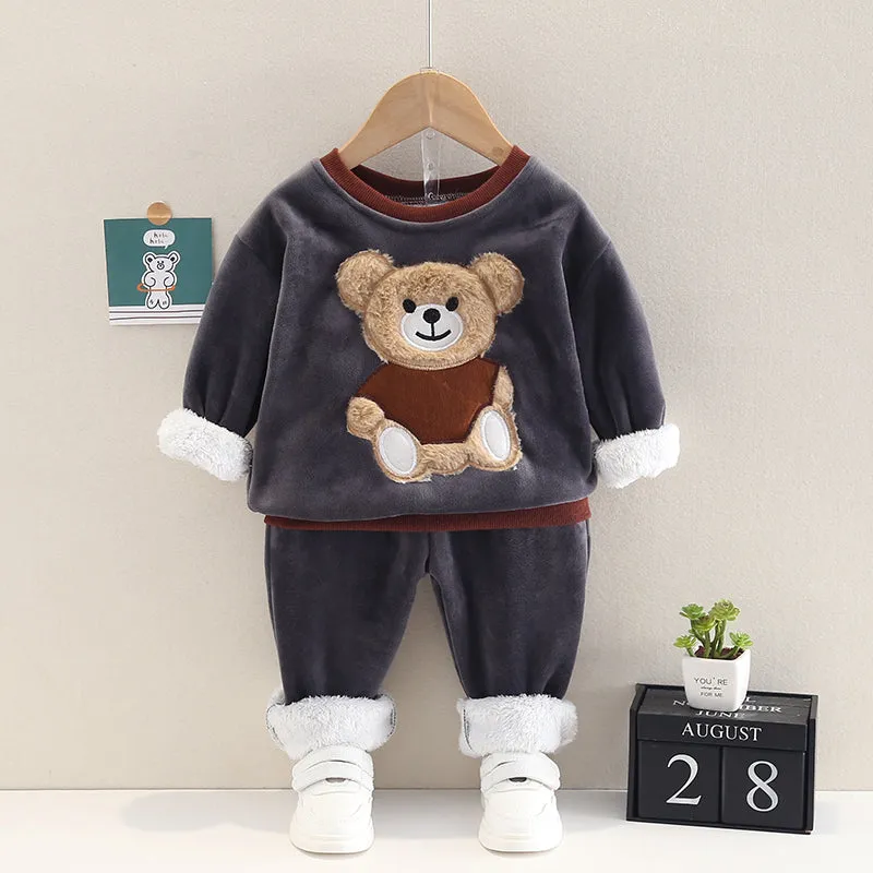 2pcs Baby Boy 95% Cotton Long-sleeve Cartoon Bear Pattern Thickened Fleece Lined Pullover and Trousers Set