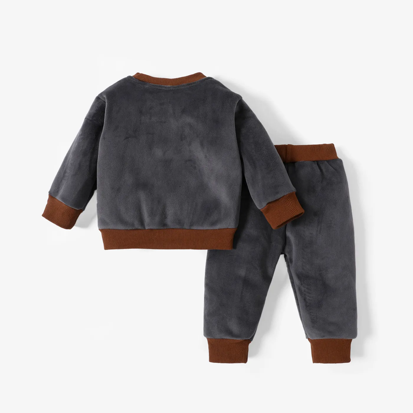 2pcs Baby Boy 95% Cotton Long-sleeve Cartoon Bear Pattern Thickened Fleece Lined Pullover and Trousers Set