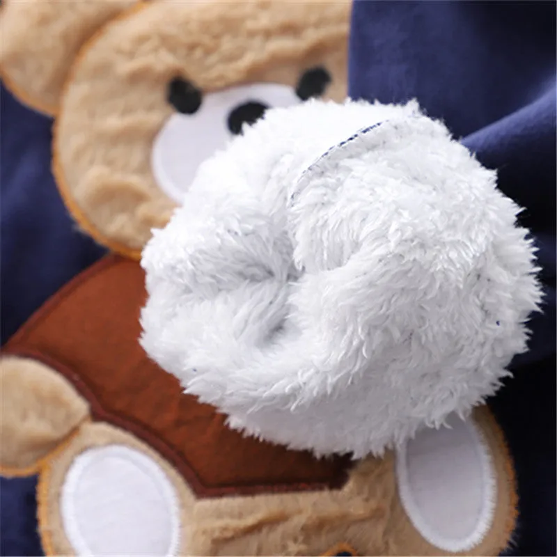 2pcs Baby Boy 95% Cotton Long-sleeve Cartoon Bear Pattern Thickened Fleece Lined Pullover and Trousers Set