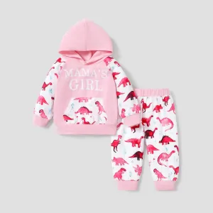 2pcs Baby Letter and Dinosaur Print Pink Long-sleeve Hoodie and Trousers Set
