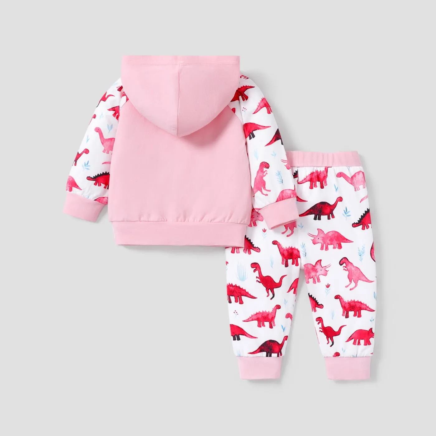 2pcs Baby Letter and Dinosaur Print Pink Long-sleeve Hoodie and Trousers Set