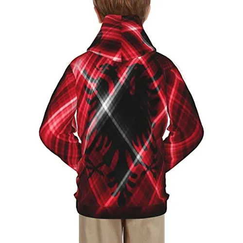 Albania Flag Print Hoodies Kids 3D Print Sweatshirts Long Sleeve Pullover Hoodies with Pocket for Teen Boys and Girls Black