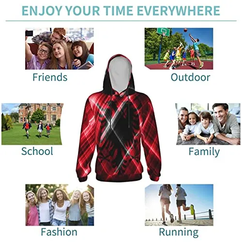 Albania Flag Print Hoodies Kids 3D Print Sweatshirts Long Sleeve Pullover Hoodies with Pocket for Teen Boys and Girls Black