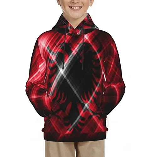 Albania Flag Print Hoodies Kids 3D Print Sweatshirts Long Sleeve Pullover Hoodies with Pocket for Teen Boys and Girls Black