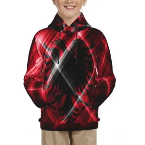 Albania Flag Print Hoodies Kids 3D Print Sweatshirts Long Sleeve Pullover Hoodies with Pocket for Teen Boys and Girls Black