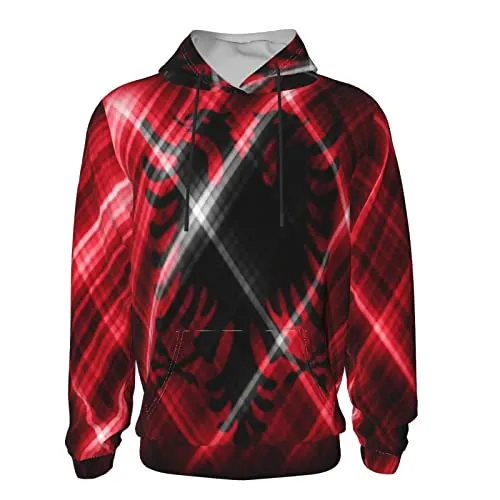 Albania Flag Print Hoodies Kids 3D Print Sweatshirts Long Sleeve Pullover Hoodies with Pocket for Teen Boys and Girls Black