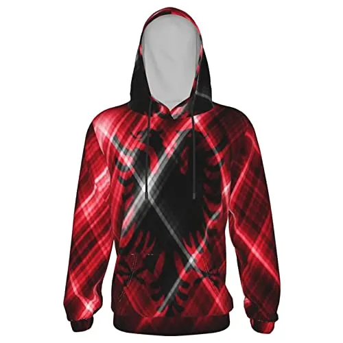 Albania Flag Print Hoodies Kids 3D Print Sweatshirts Long Sleeve Pullover Hoodies with Pocket for Teen Boys and Girls Black