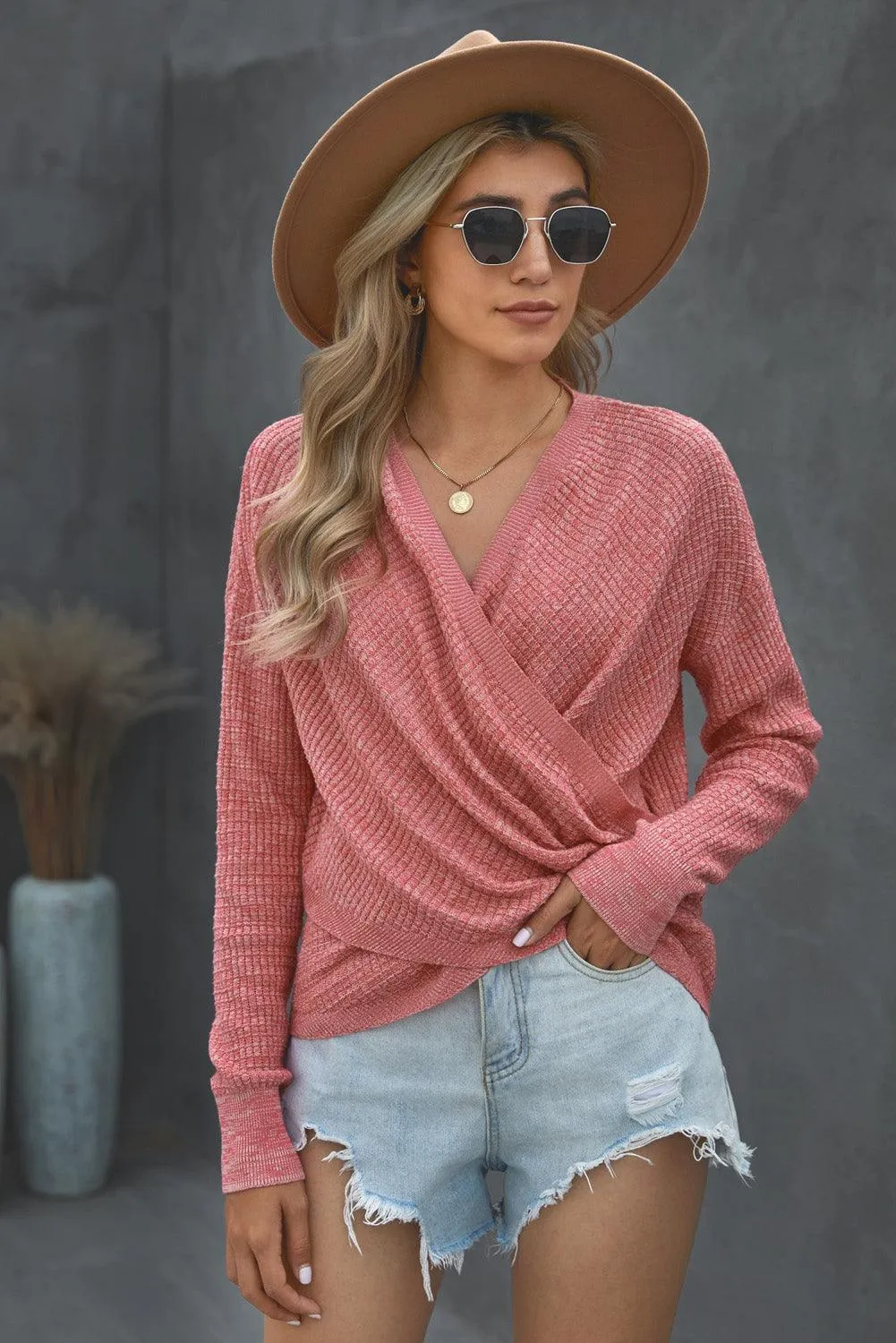 Autumn Style Knitted Long Sleeve Surplice Top