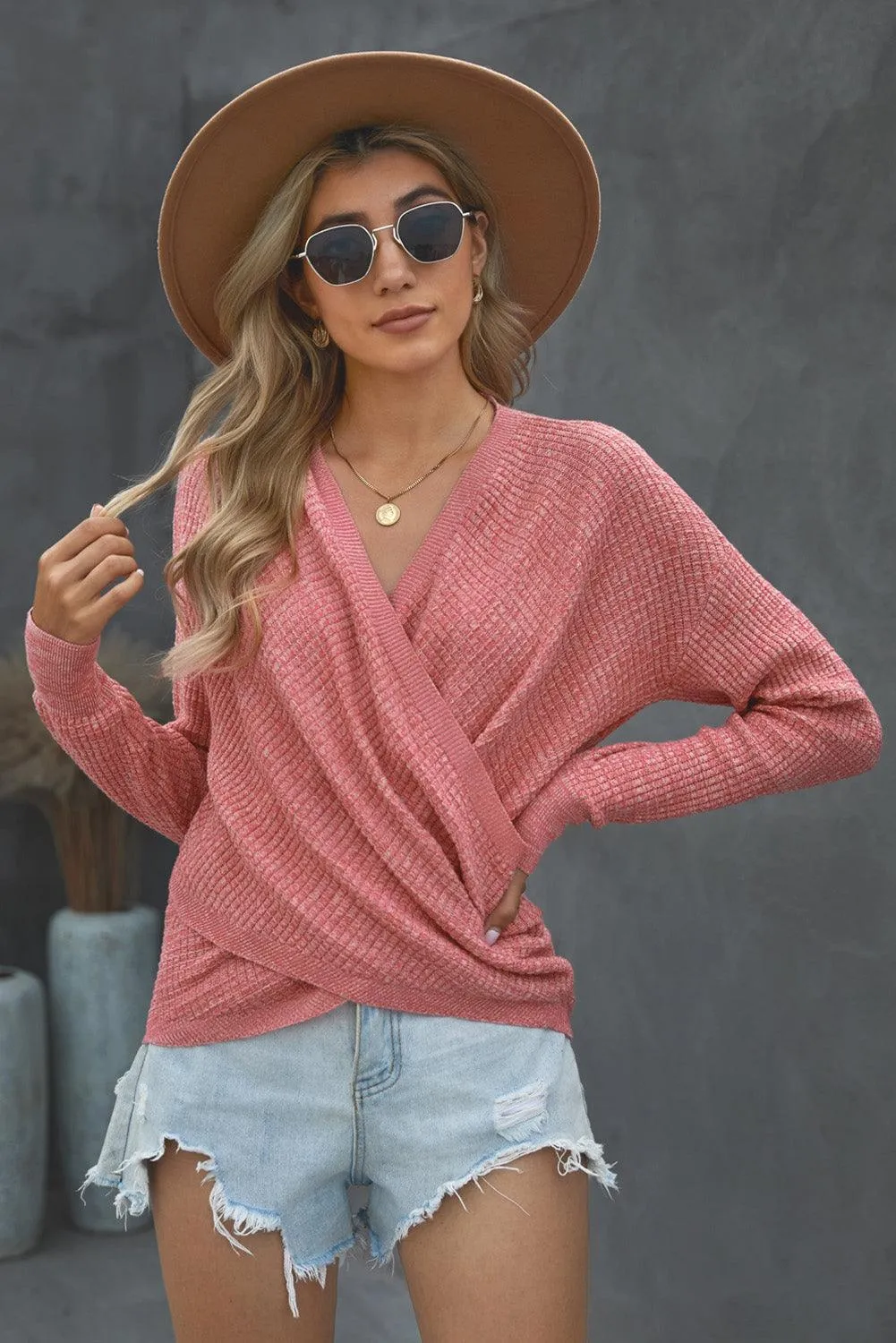 Autumn Style Knitted Long Sleeve Surplice Top