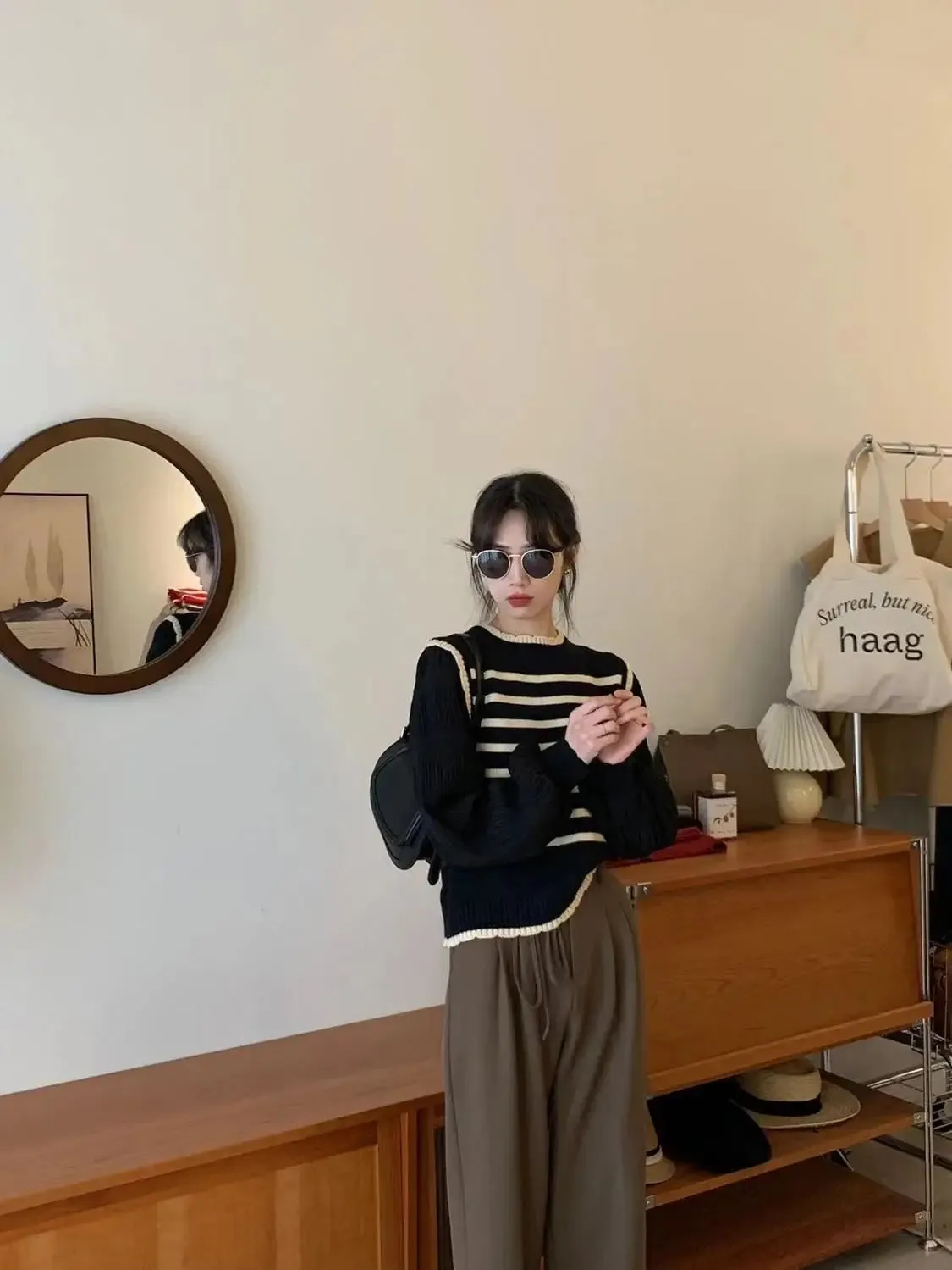 Black & White Striped Knit Patchwork Sleeve Pullover