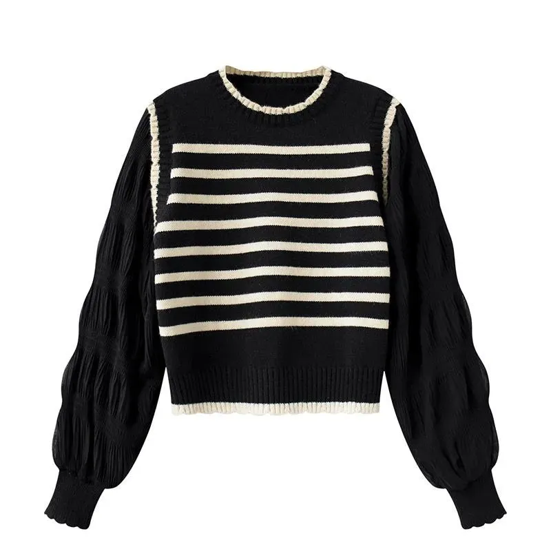 Black & White Striped Knit Patchwork Sleeve Pullover