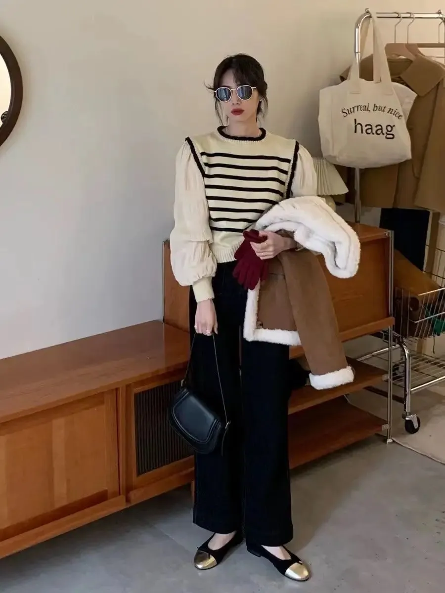 Black & White Striped Knit Patchwork Sleeve Pullover