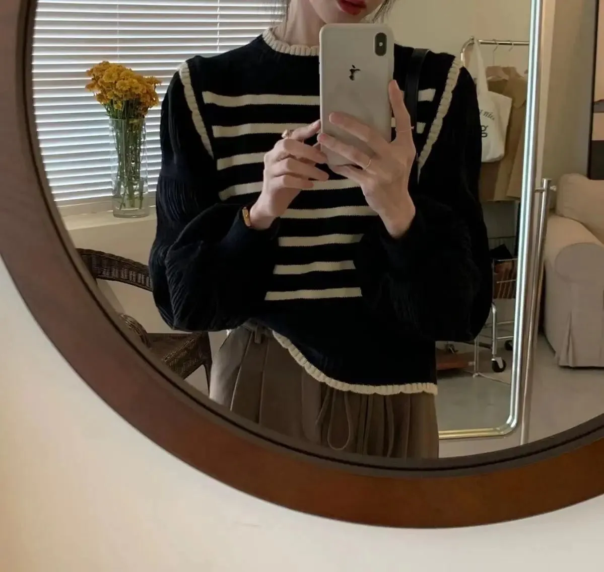Black & White Striped Knit Patchwork Sleeve Pullover