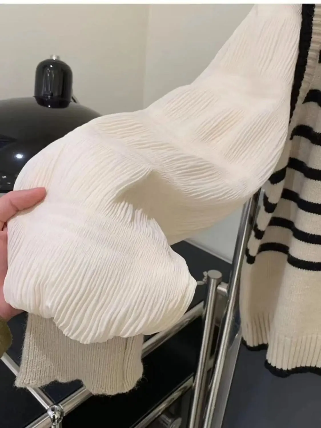 Black & White Striped Knit Patchwork Sleeve Pullover