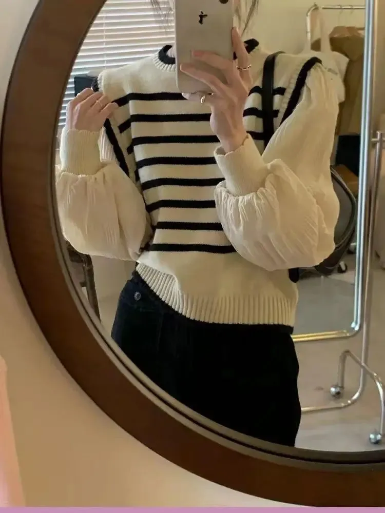 Black & White Striped Knit Patchwork Sleeve Pullover