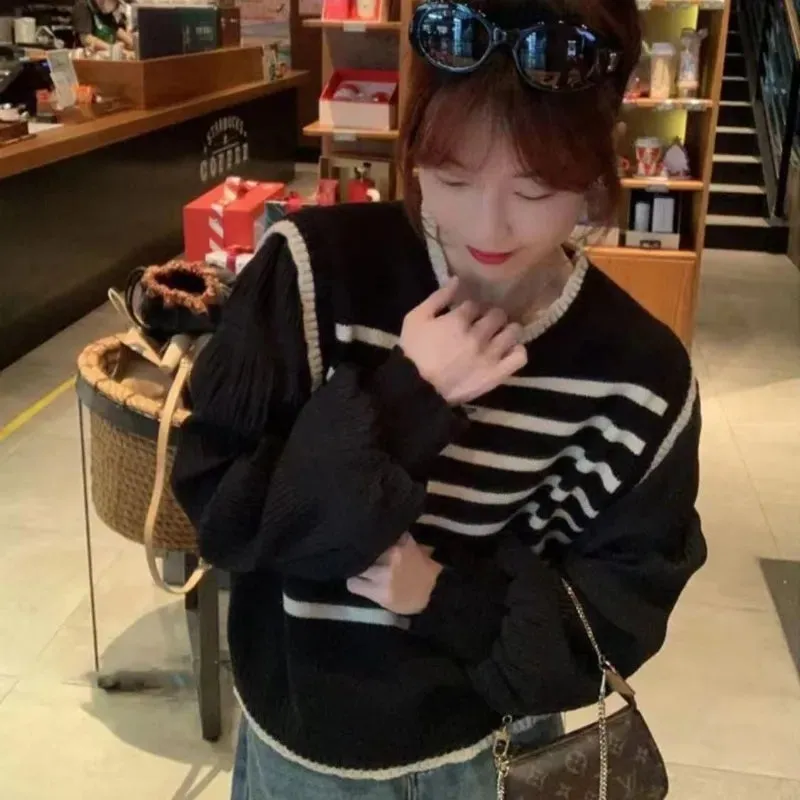 Black & White Striped Knit Patchwork Sleeve Pullover