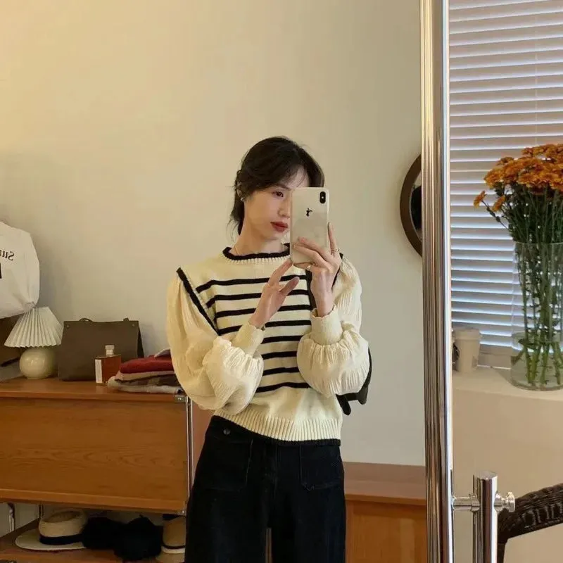 Black & White Striped Knit Patchwork Sleeve Pullover