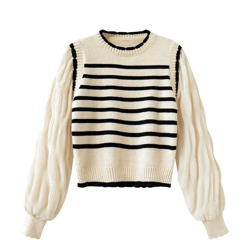 Black & White Striped Knit Patchwork Sleeve Pullover