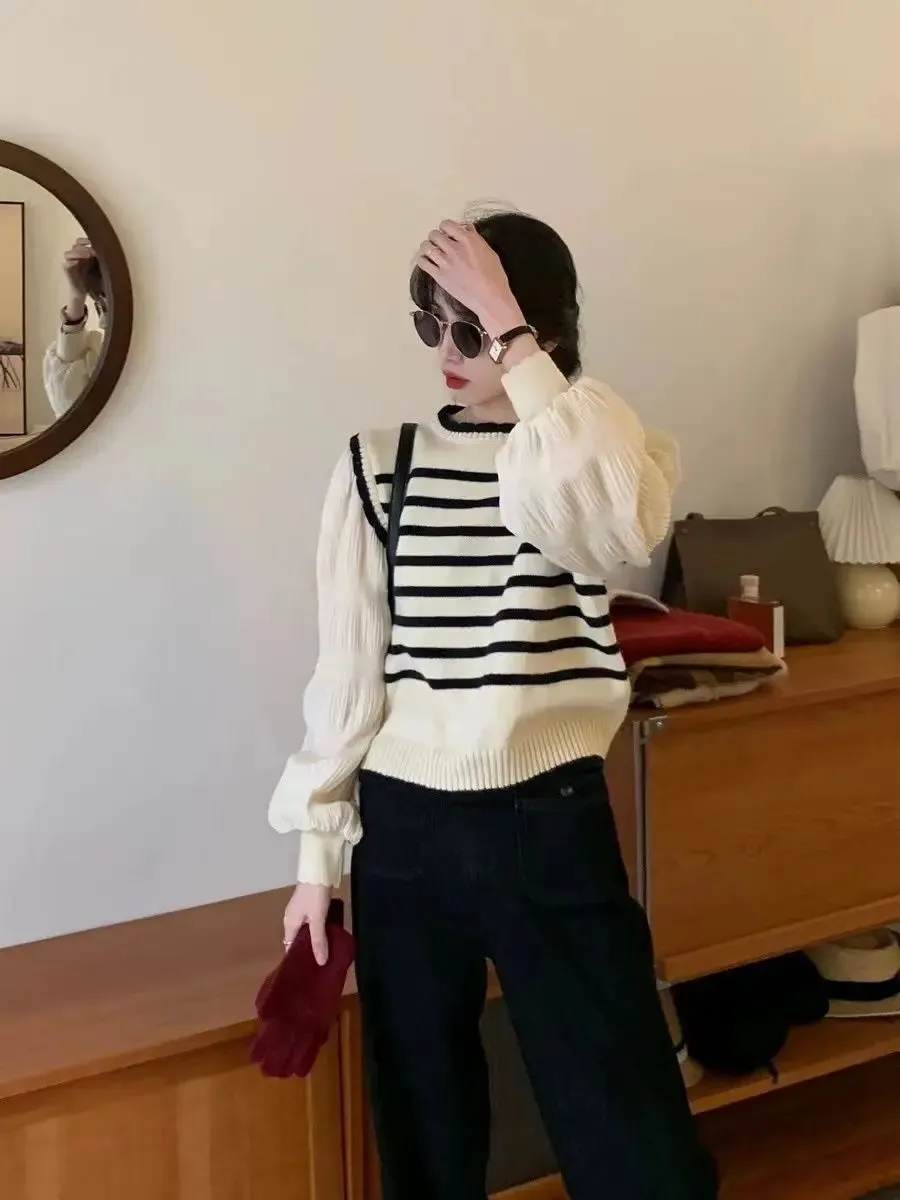 Black & White Striped Knit Patchwork Sleeve Pullover