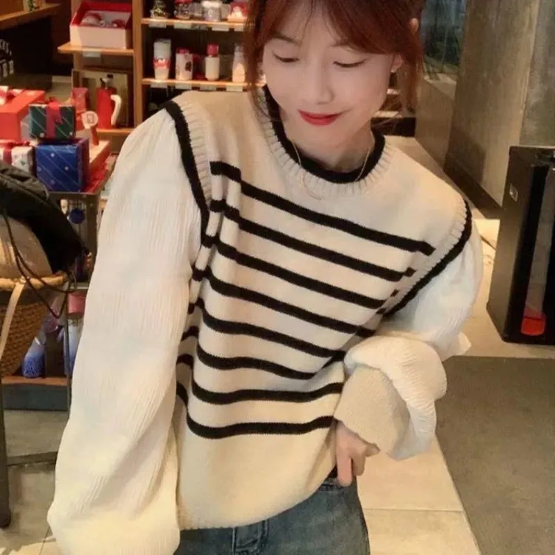 Black & White Striped Knit Patchwork Sleeve Pullover