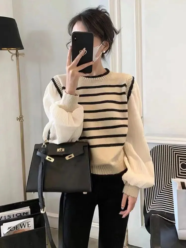 Black & White Striped Knit Patchwork Sleeve Pullover