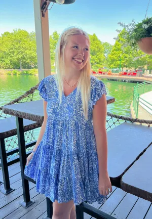 Blu/Wht Print Flutter Sleeve Tiered Dress