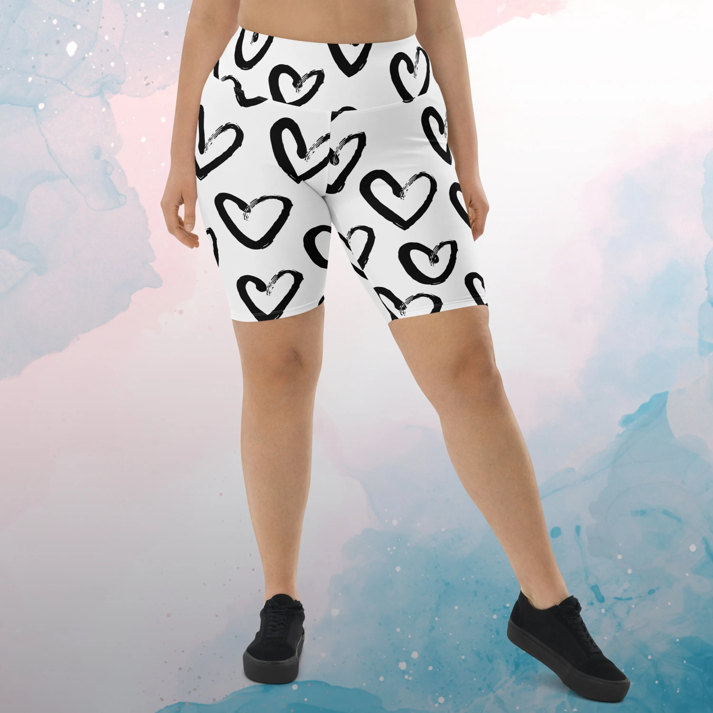 Brush Stroke Hearts Womens Light Weight Long Bike Shorts for Yoga or Swimming