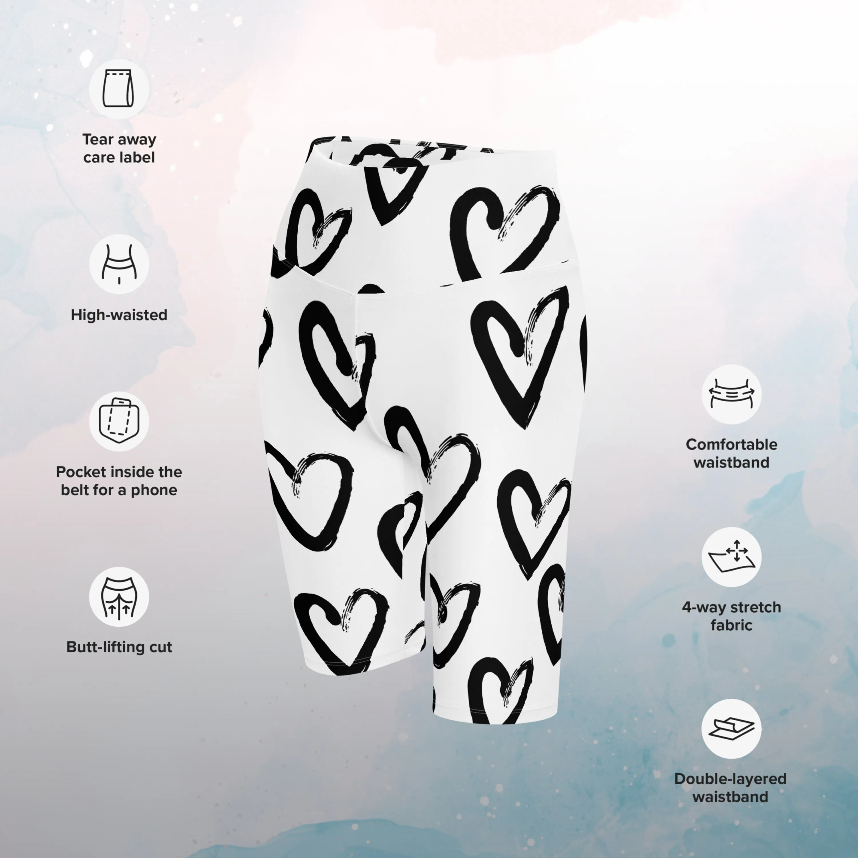 Brush Stroke Hearts Womens Light Weight Long Bike Shorts for Yoga or Swimming
