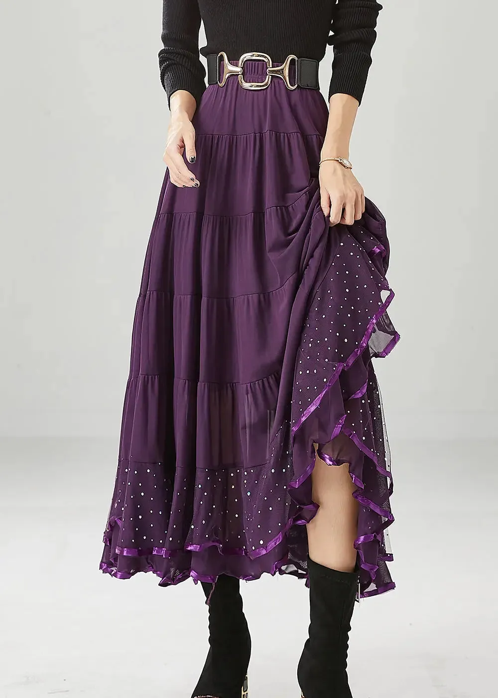 Classy Dull Purple Oversized Patchwork Chiffon Skirts Fall ML1227