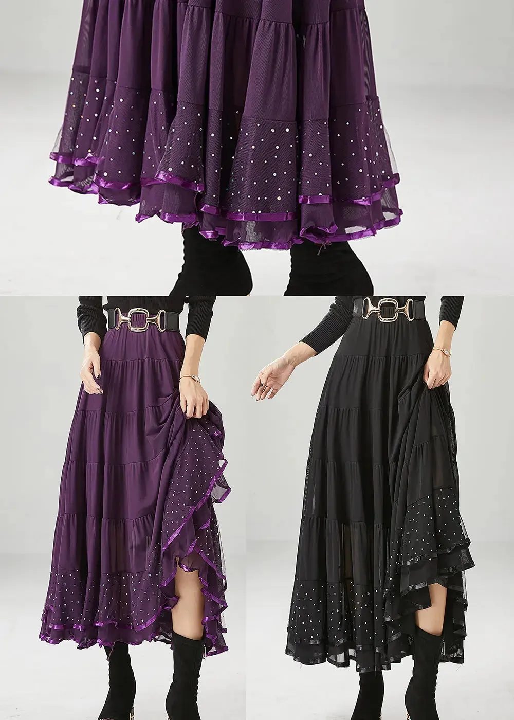 Classy Dull Purple Oversized Patchwork Chiffon Skirts Fall ML1227