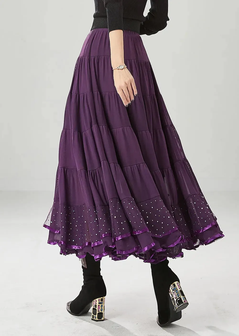 Classy Dull Purple Oversized Patchwork Chiffon Skirts Fall ML1227