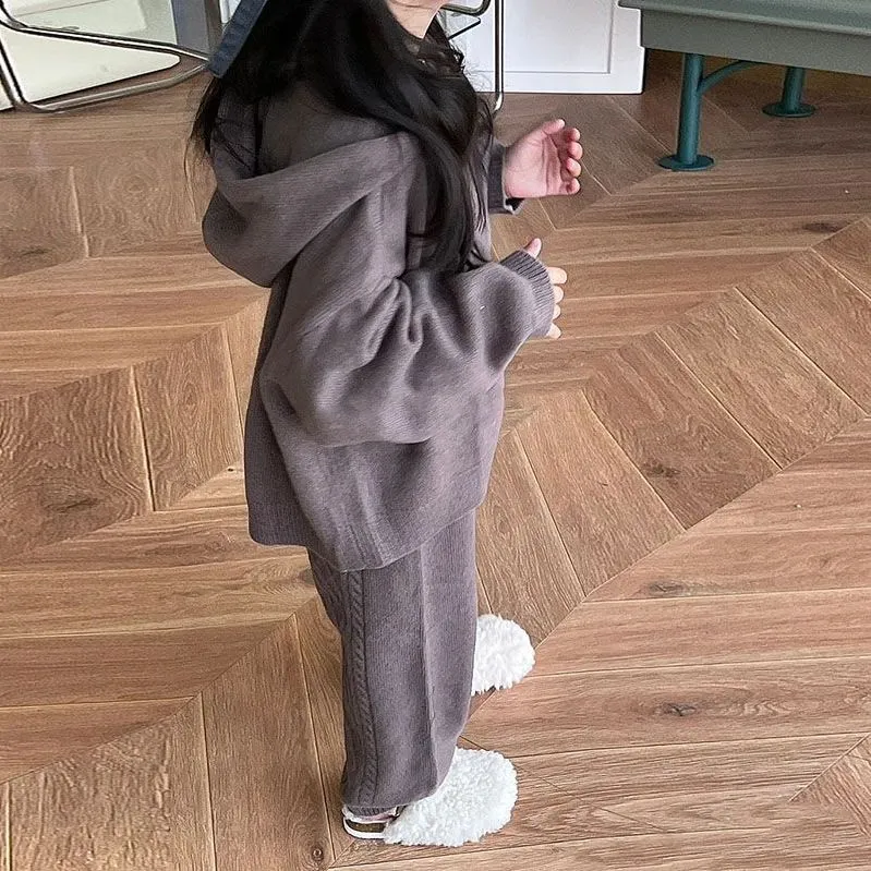 Cozy Grey Knit Hoodie & Jogger Set for Girls