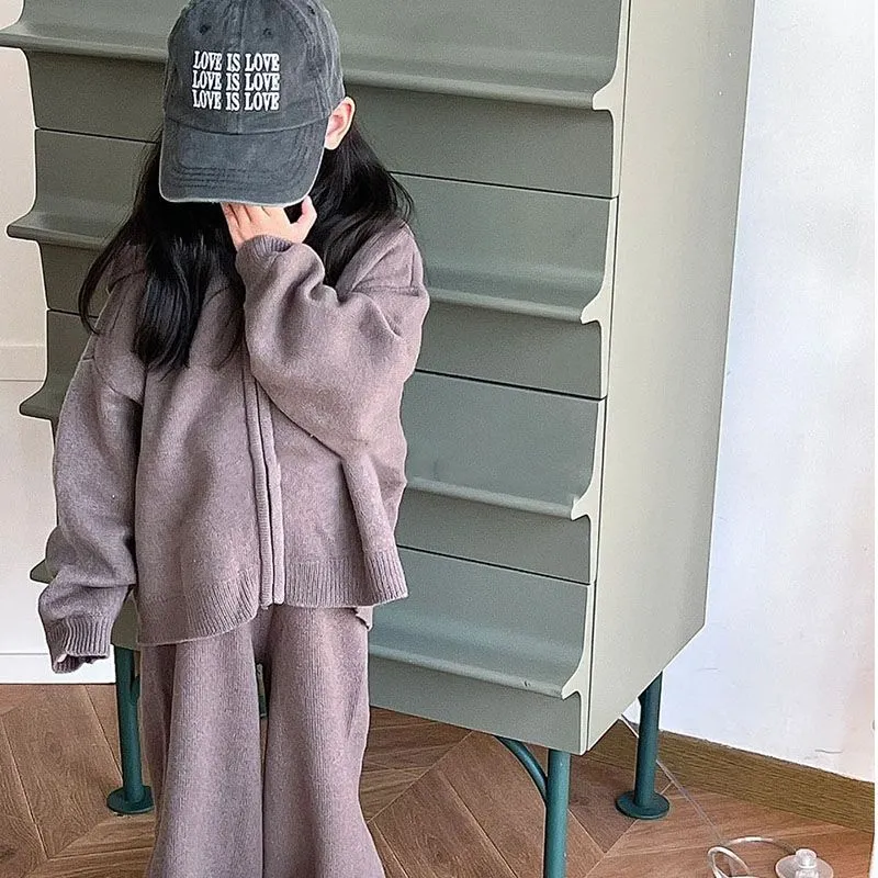 Cozy Grey Knit Hoodie & Jogger Set for Girls