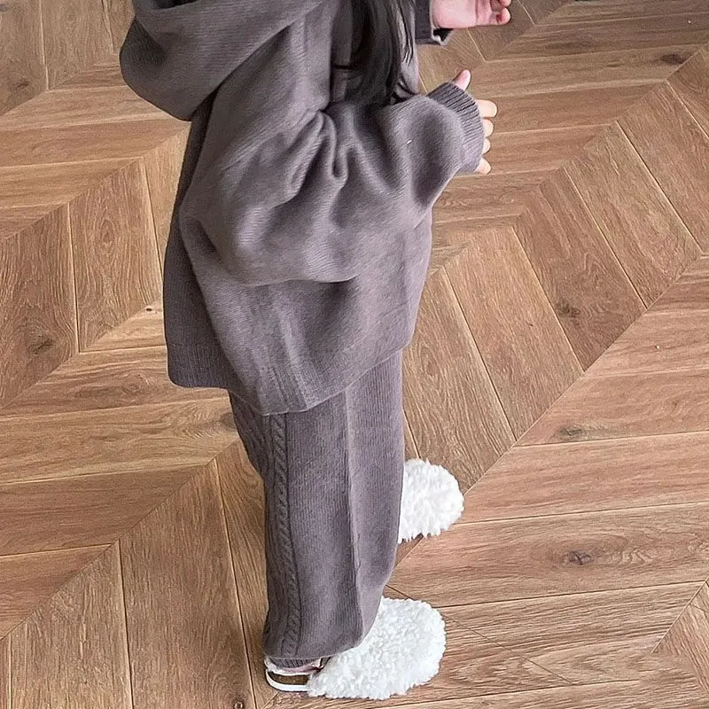 Cozy Grey Knit Hoodie & Jogger Set for Girls