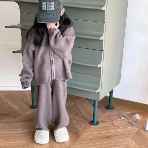 Cozy Grey Knit Hoodie & Jogger Set for Girls