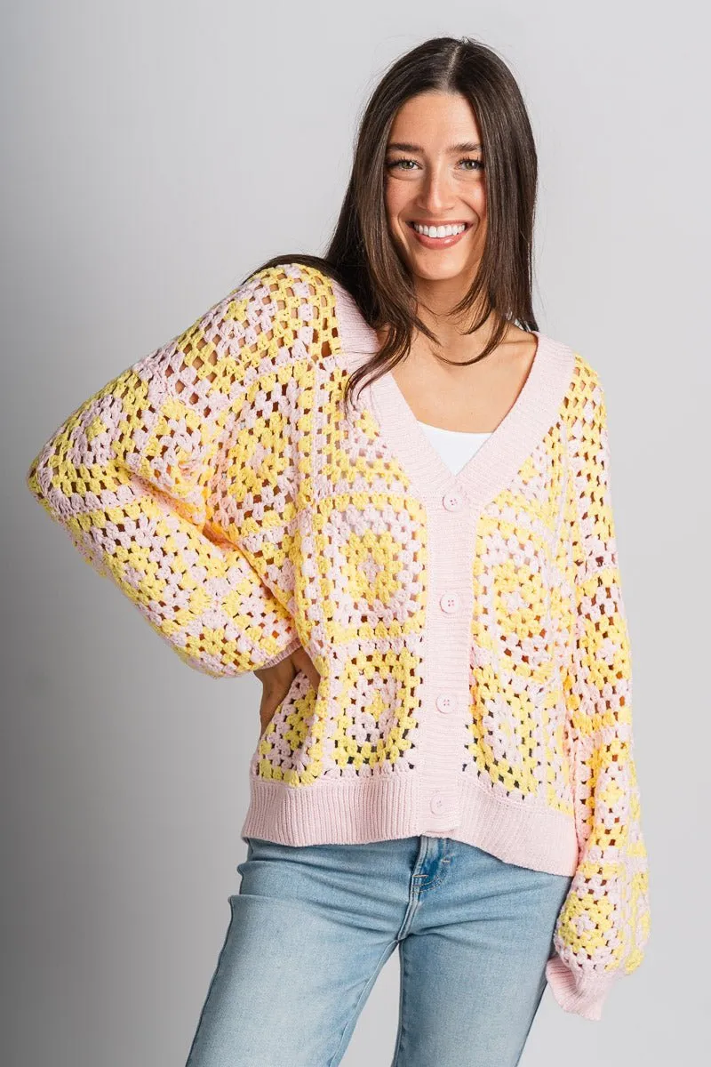 Crochet sweater cardigan pink/yellow