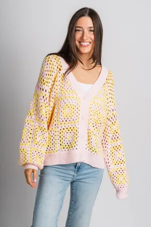 Crochet sweater cardigan pink/yellow