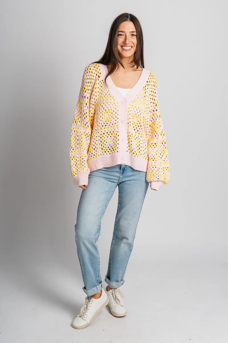 Crochet sweater cardigan pink/yellow