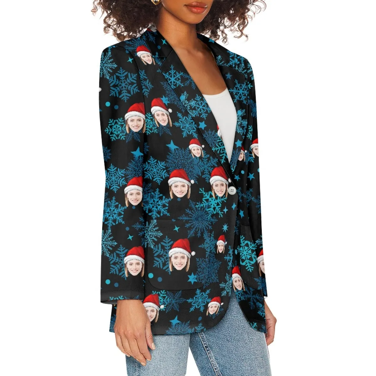 Custom Face Christmas Snowflake Women's Blazers Personalized Jacket Casual Coats