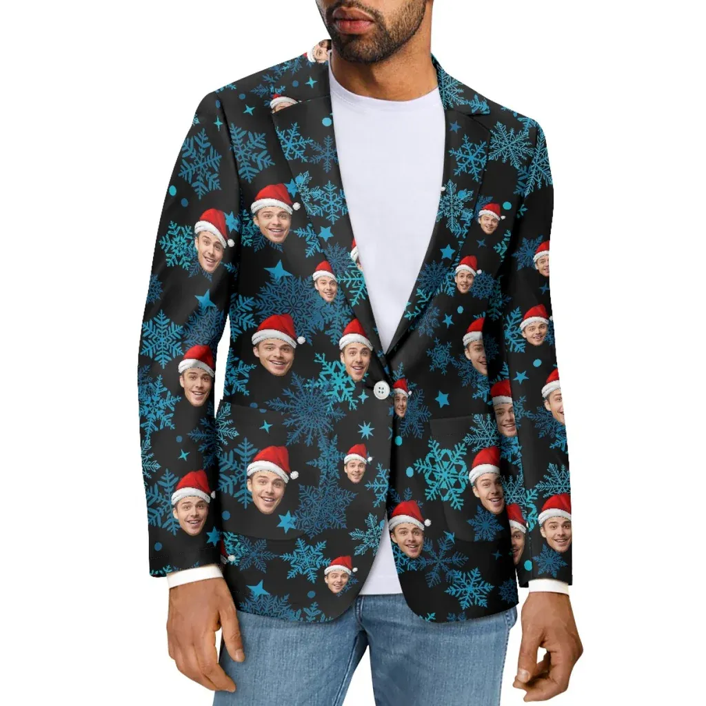 Custom Face Christmas Snowflake Women's Blazers Personalized Jacket Casual Coats