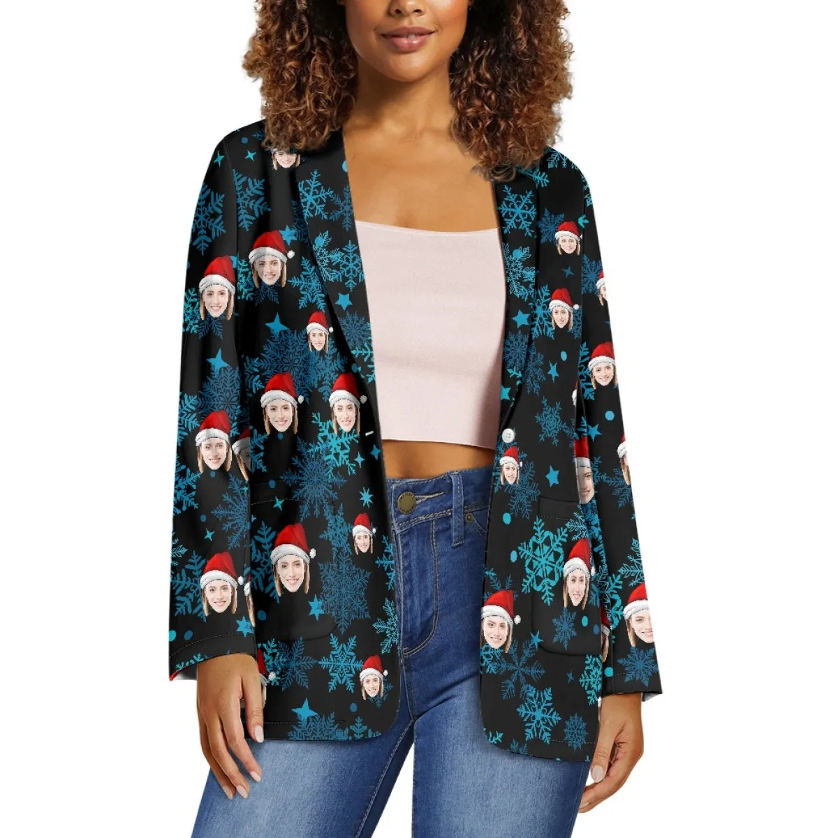 Custom Face Christmas Snowflake Women's Blazers Personalized Jacket Casual Coats