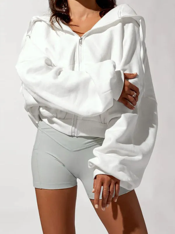 Drawstring Pockets Solid Color Zipper Hooded Long Sleeves Outerwear Jackets
