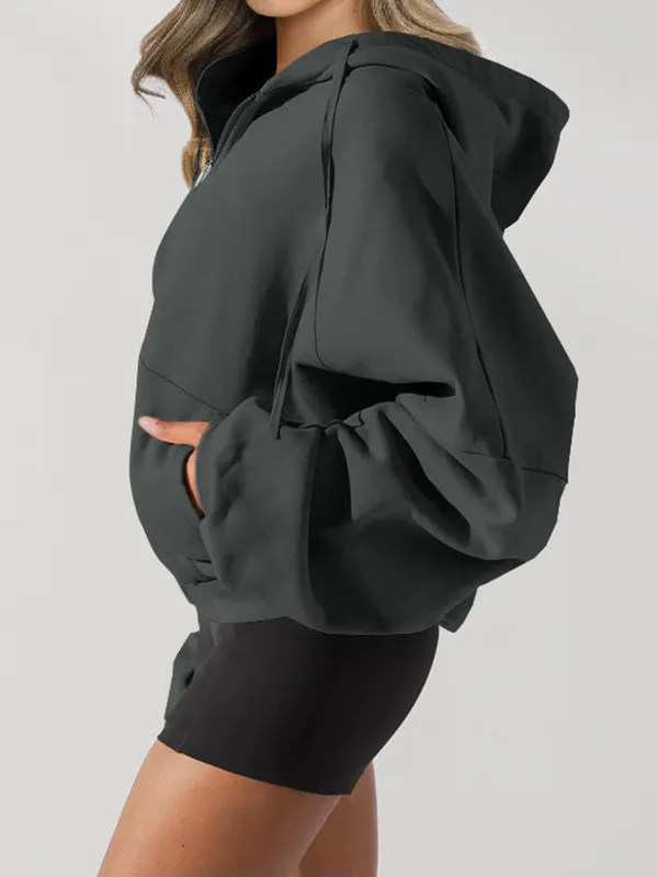 Drawstring Pockets Solid Color Zipper Hooded Long Sleeves Outerwear Jackets