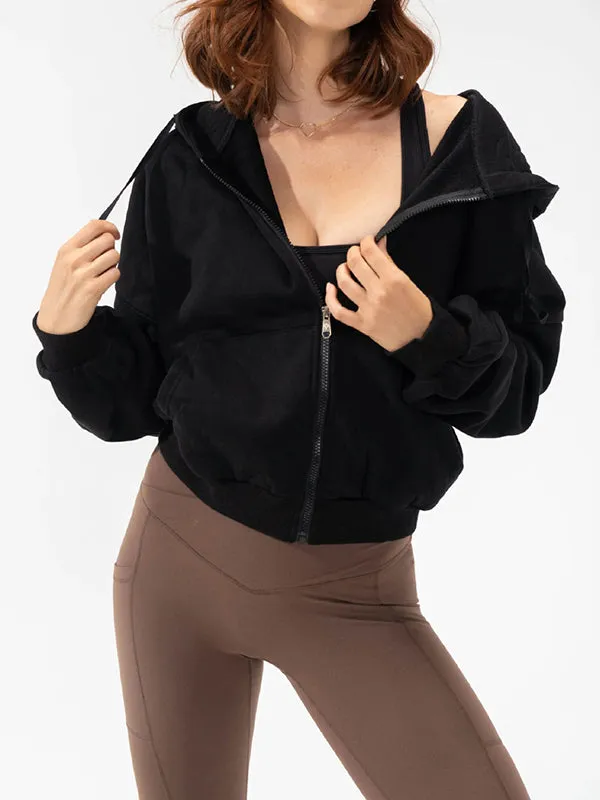 Drawstring Pockets Solid Color Zipper Hooded Long Sleeves Outerwear Jackets