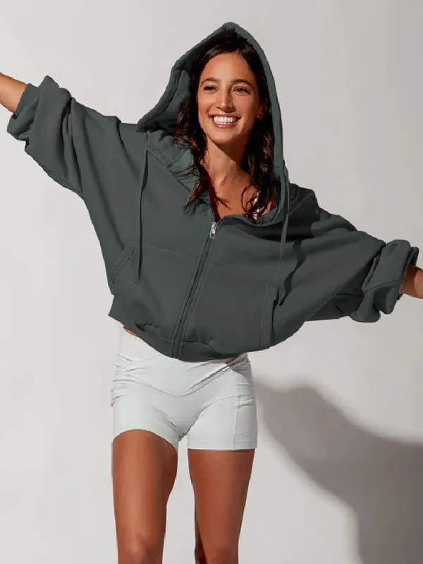 Drawstring Pockets Solid Color Zipper Hooded Long Sleeves Outerwear Jackets