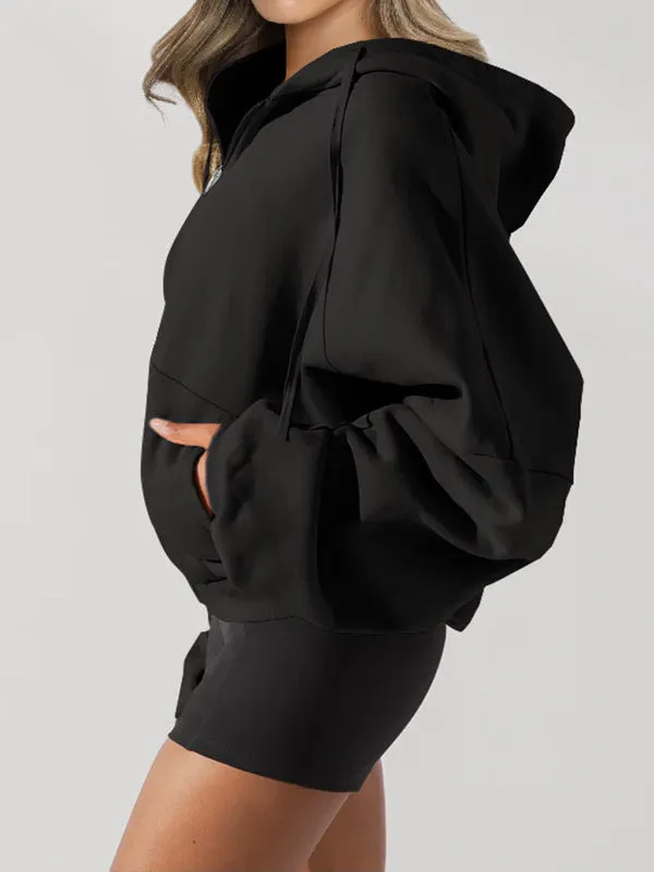 Drawstring Pockets Solid Color Zipper Hooded Long Sleeves Outerwear Jackets